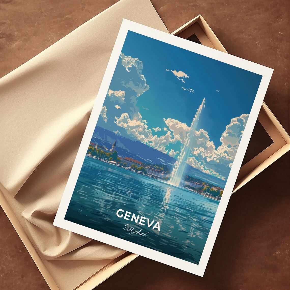 Geneva Switzerland Water Jet Fountain Lake Geneva City Travel Poster - Image 3