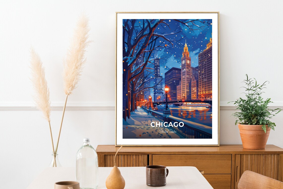 Chicago Riverwalk Snowy Night Clock Tower United States Travel Poster - Image 2