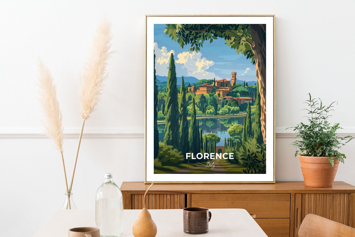 Florence Italy Boboli Gardens Cypress Lake Vintage Travel Poster - Image 2