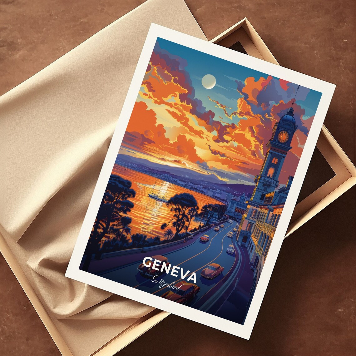 Geneva Switzerland Sunset Clock Tower Lake Vintage Travel Poster - Image 3