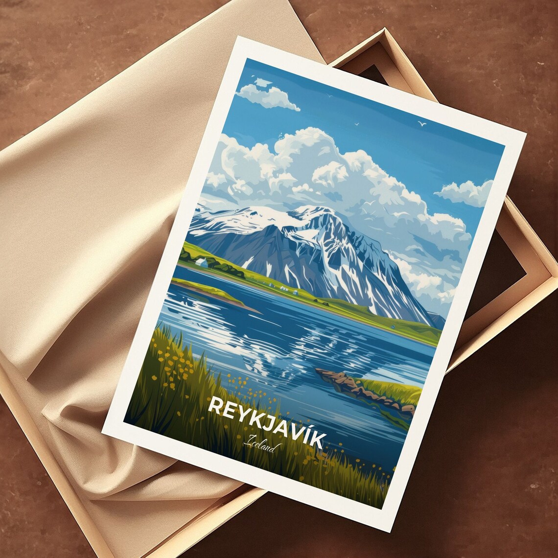 Reykjavik Iceland Snowy Mountain Lake Mirror Reflection Poster - Image 3