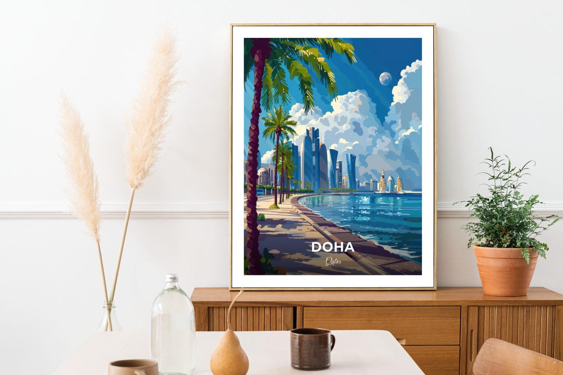 Doha Qatar Corniche Promenade Palms Skyline Bay Glow Day Poster - Image 3