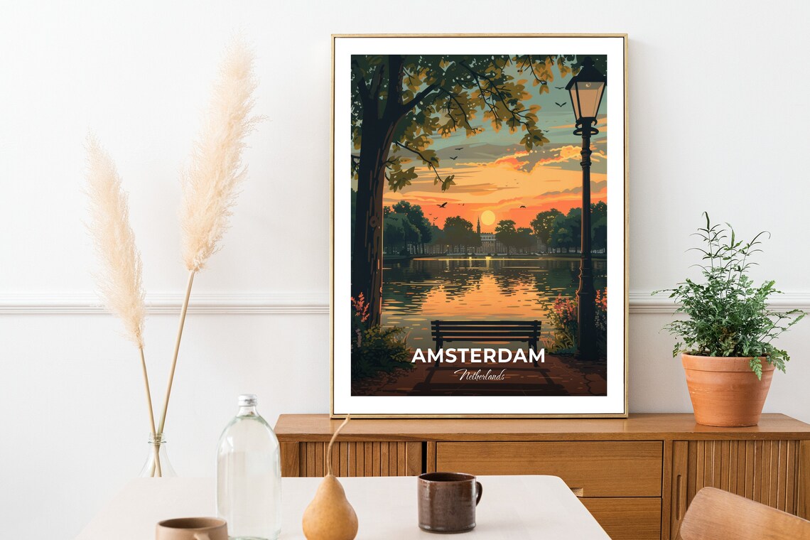Amsterdam Vondelpark Pond Sunset Bench Lamppost Travel Scene Poster - Image 2