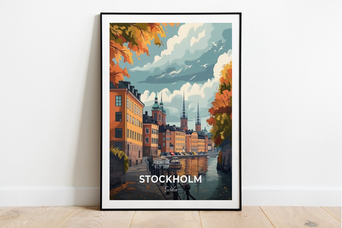 Stockholm Sweden Gamla Stan Old Town Waterfront Autumn Travel Poster