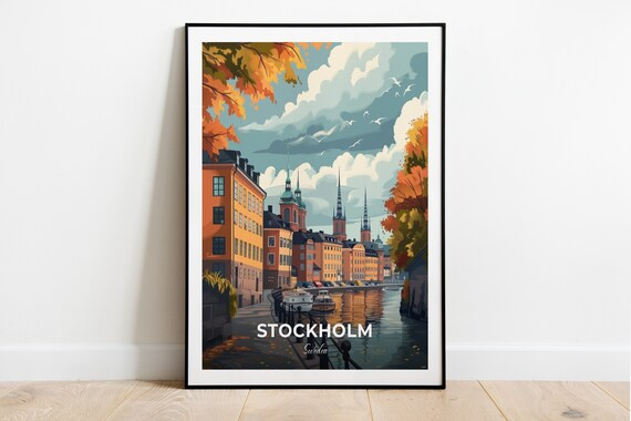 Stockholm Sweden Gamla Stan Old Town Waterfront Autumn Travel Poster