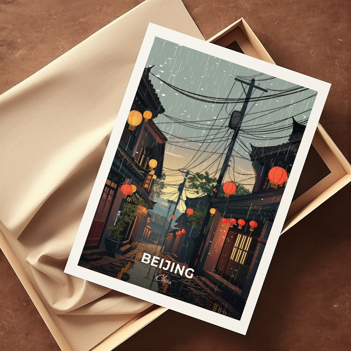 Beijing China Rainy Hutong Lantern Street Evening Travel Poster - Image 3