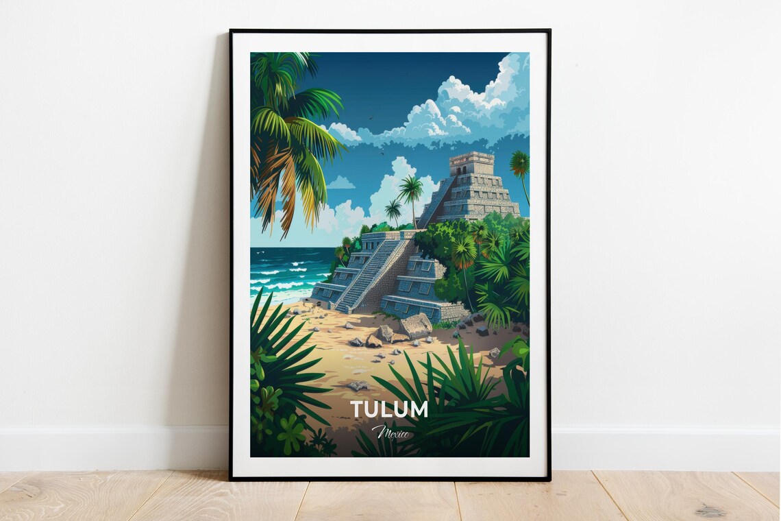 Tulum Mexico El Castillo Mayan Pyramid Beach Ruins Travel Poster