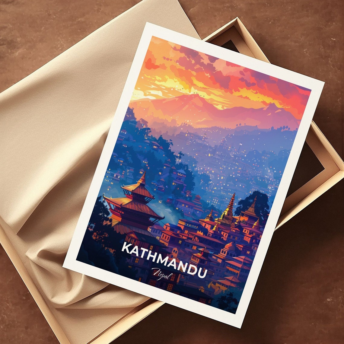 Kathmandu Nepal Pagoda Temples Dusk Golden Mountain Travel Poster - Image 3