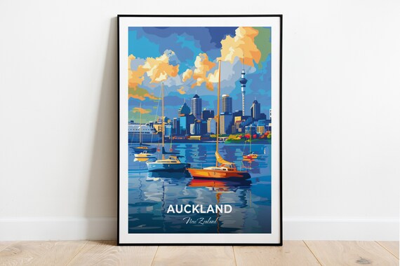 Auckland Harbour Sailboats Sky Tower Skyline New Zealand Travel Poster