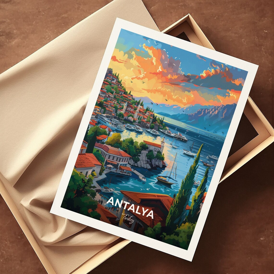 Antalya Harbor Town At Sunset With Boats And Mountains Turkey Poster - Image 3