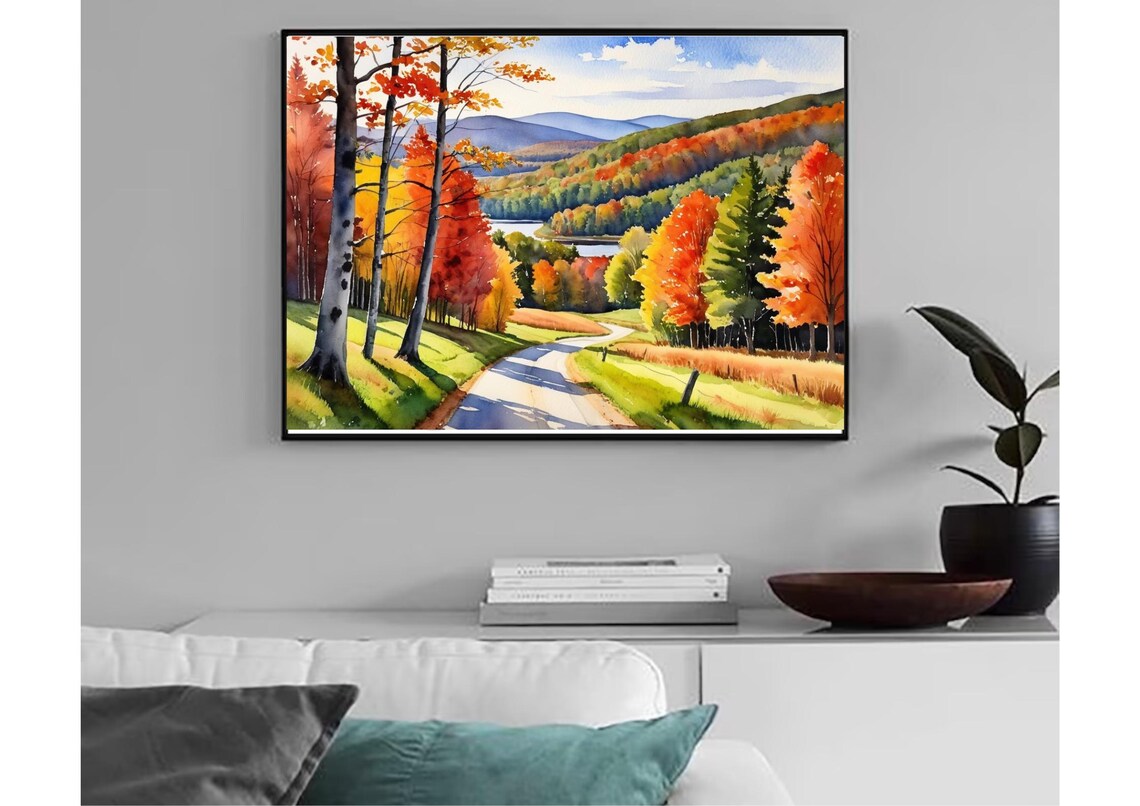 Country Road Winding Through A Fiery Autumn Forest Watercolor Poster - Image 2