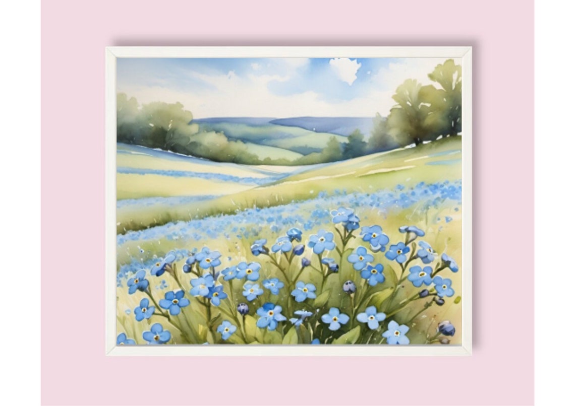 Forget Me Not Valley Of Blue Wildflowers Under Rolling Hills Poster - Image 6