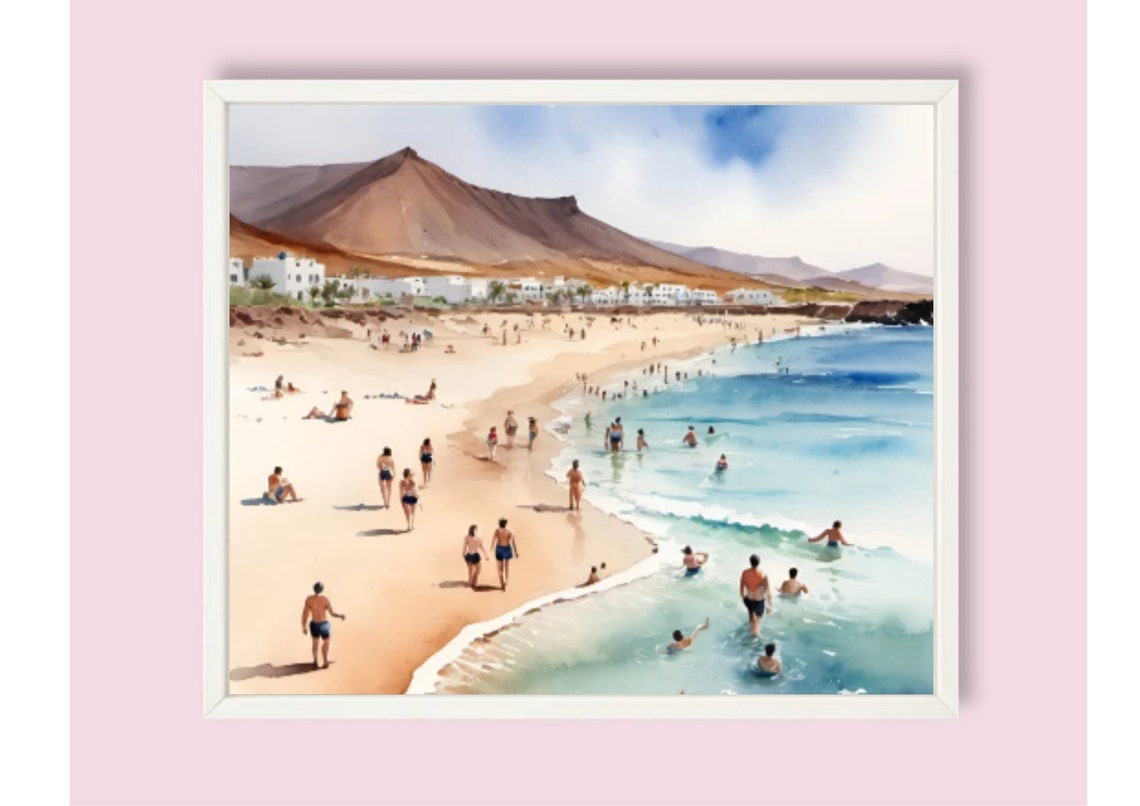 Fuerteventura Beach Bathers Volcanic Mountain Watercolor Poster - Image 6