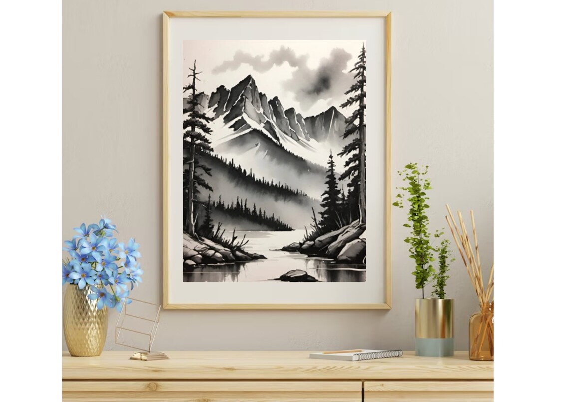 Black White Rocky Mountains River Ink Watercolor Sketch Art Poster - Image 3