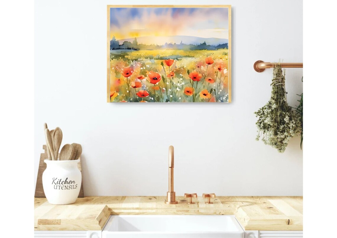 Poppy Field Sunset Watercolor Meadow Art Print - Image 4