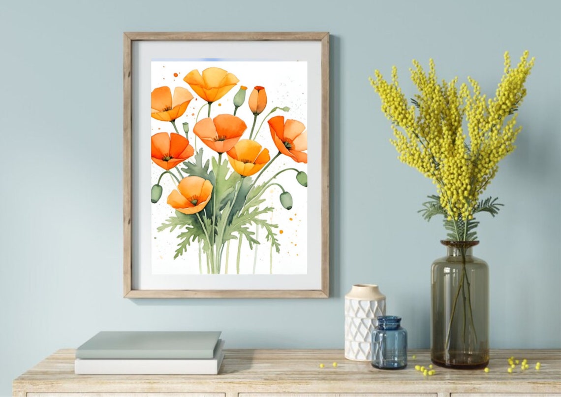 California Poppies Painting Orange Poppies Watercolor Art Print Orange Poppy Flowers Wall Art Watercolor Floral Art Neutral Botanical Art - Image 3