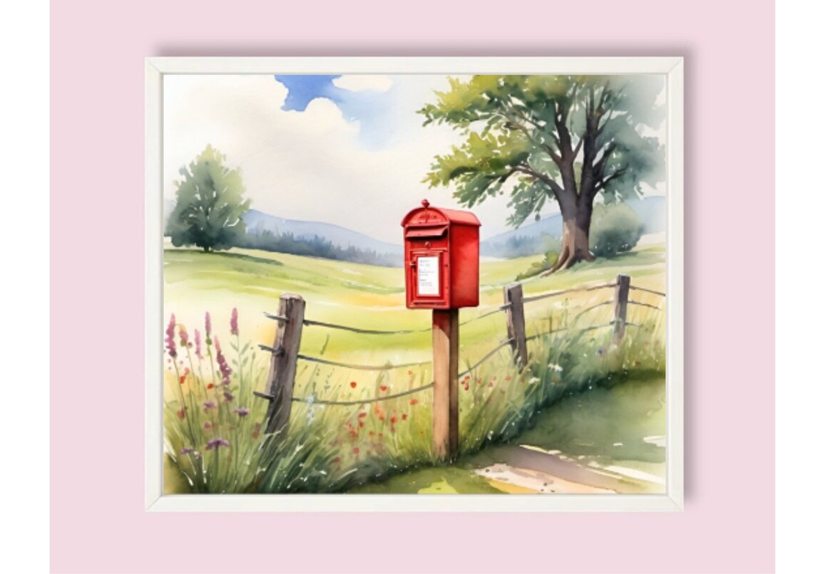 Mailbox on Country Road Watercolor Landscape Art Print - Image 6