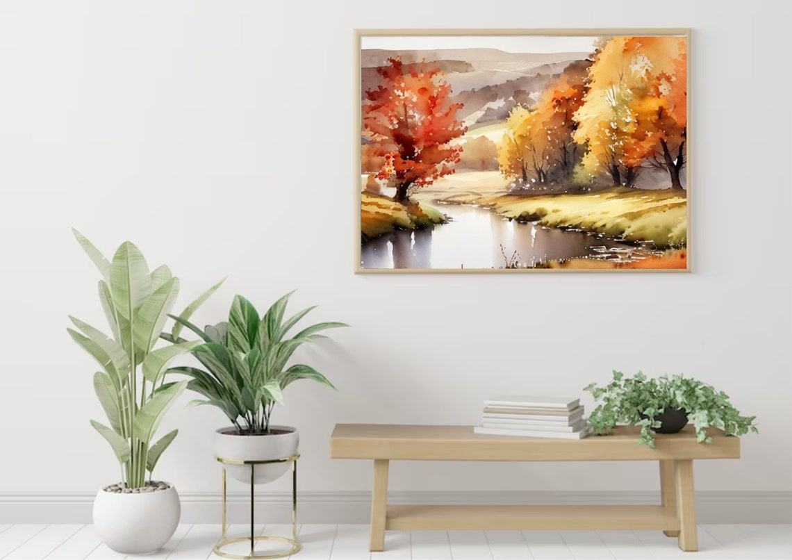 Autumn River Landscape Watercolor With Golden Fall Trees Poster - Image 3