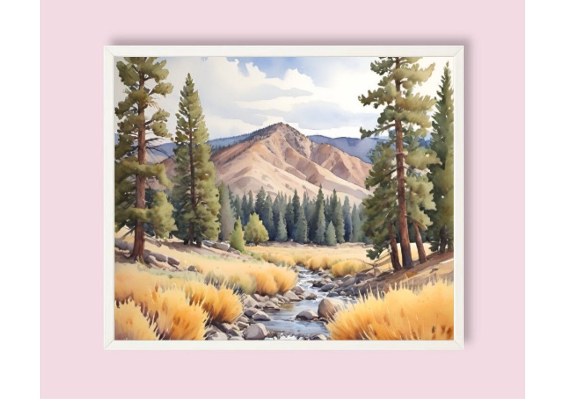 Mountain Stream Valley With Pines And Golden Grasses Watercolor Poster - Image 6