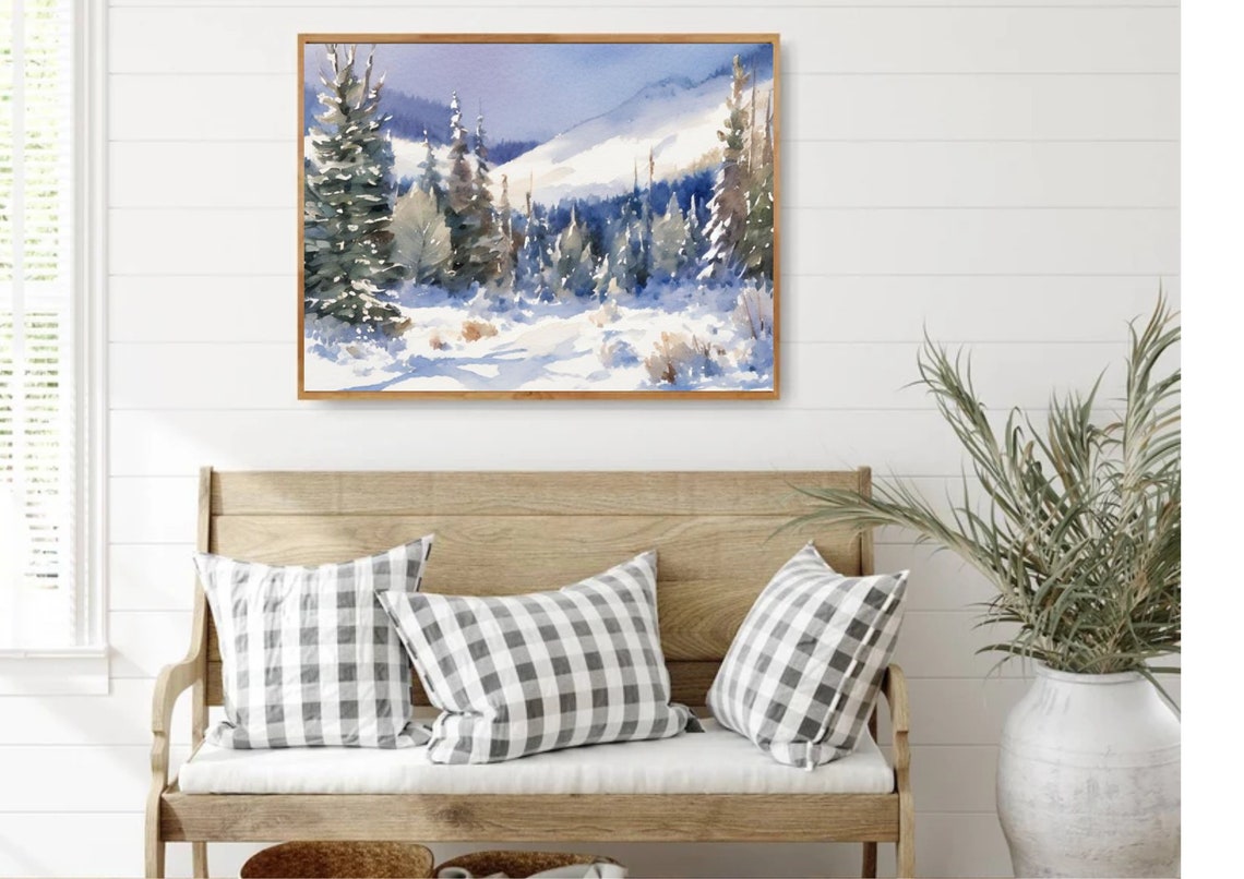 Blue Shadowed Snowy Mountain Forest Watercolor Winter Wall Art - Image 3