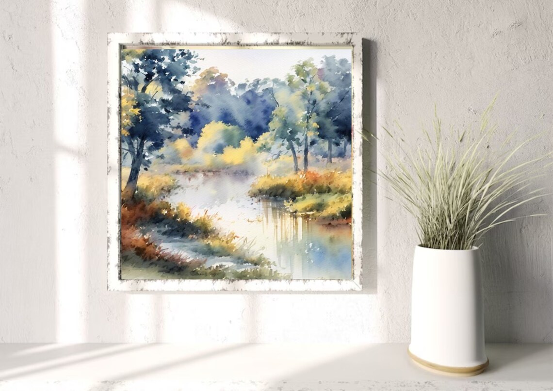 Misty Autumn River Watercolor in Warm Golden Fall Tones Poster - Image 3