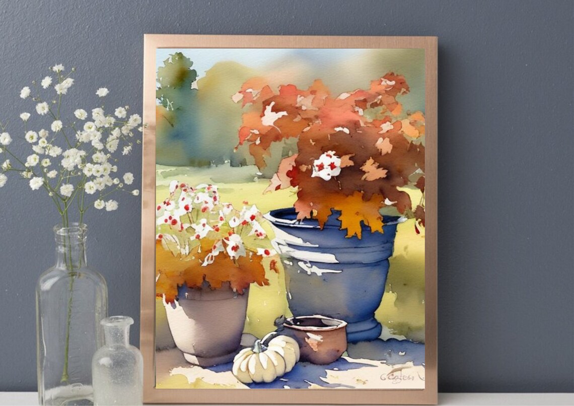 Potted Autumn Flowers and Mini Pumpkin Watercolor Still Life Poster - Image 2