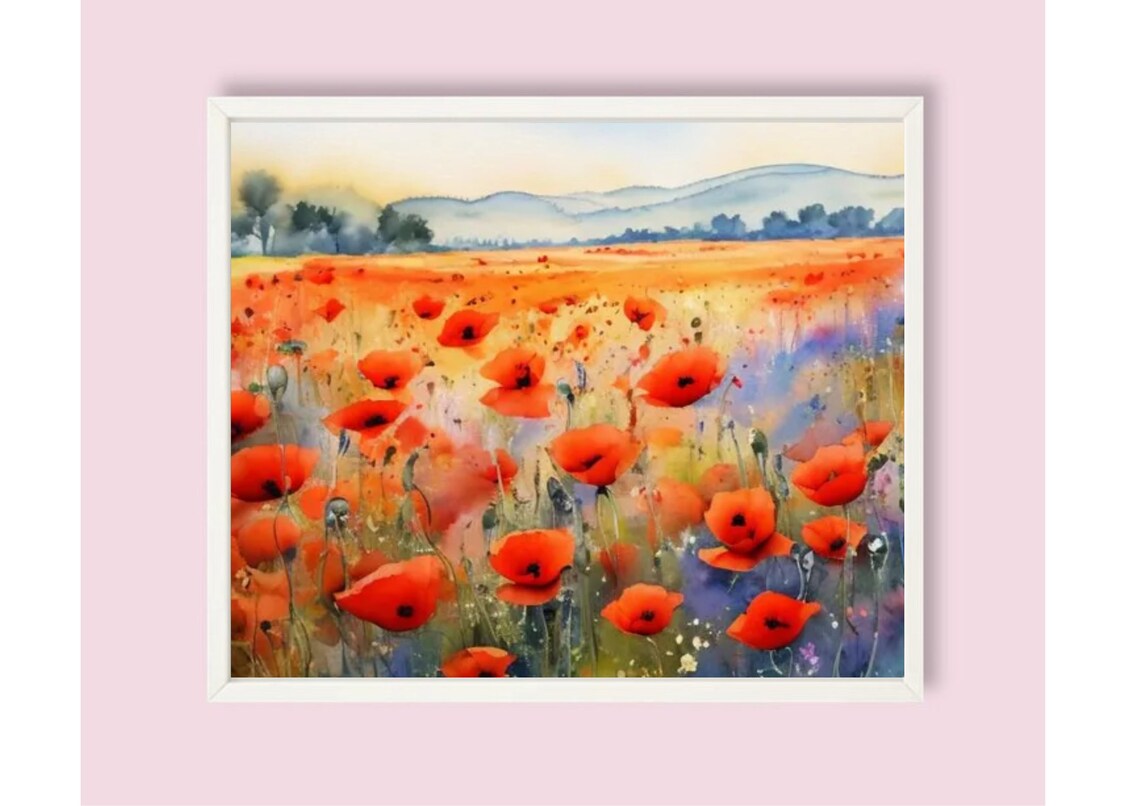 Poppies Field Watercolor Panoramic Landscape Art Print - Image 6