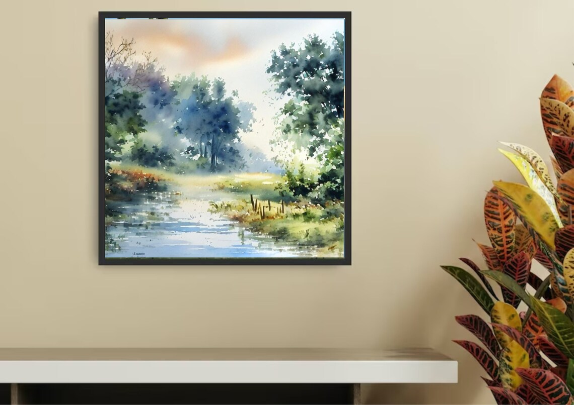 Misty Forest River Watercolor in Soft Green Morning Tones Poster - Image 2