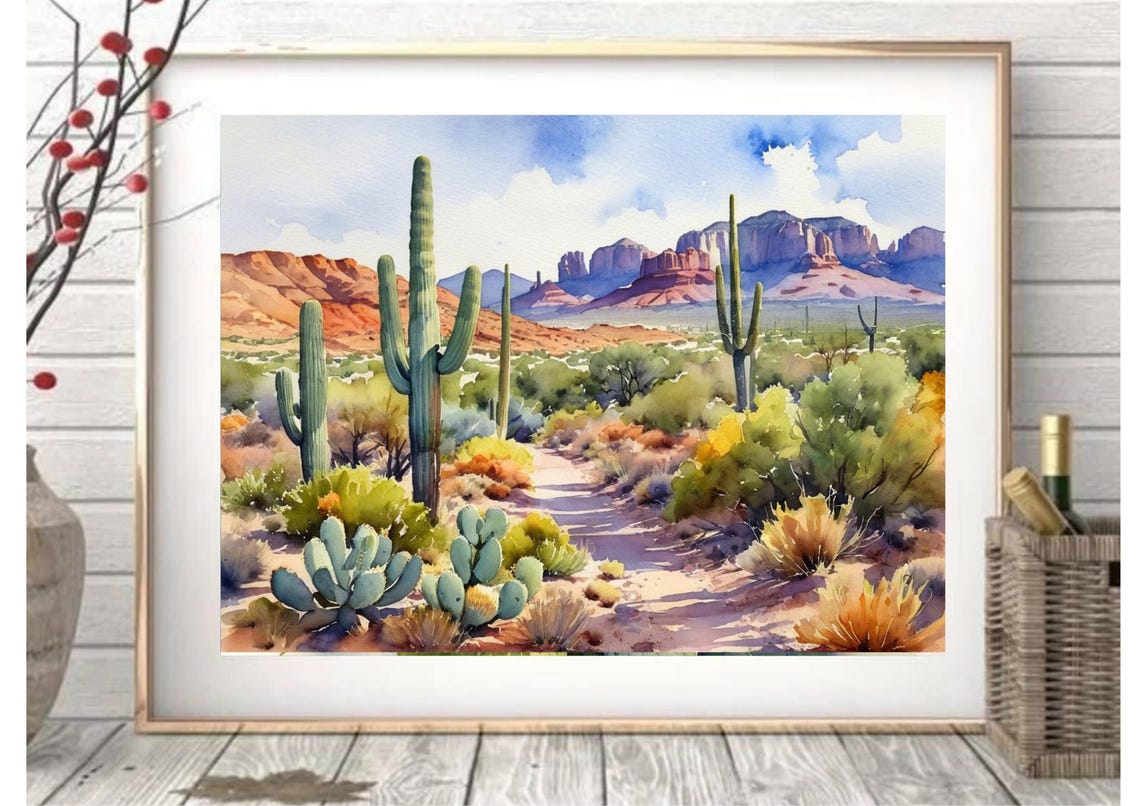 Sedona Desert Saguaro Cactus Trail Watercolor Landscape Poster - Image 6