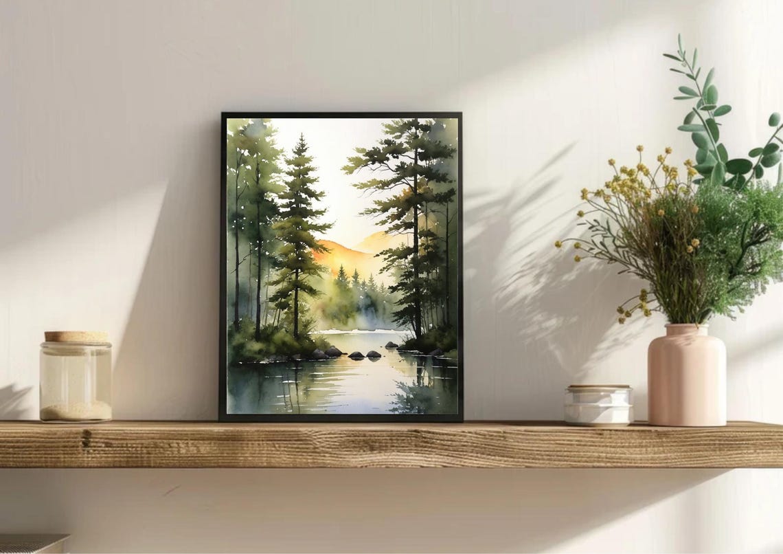 Glowing Sunrise Pine Forest Lake Watercolor Reflection Poster - Image 4