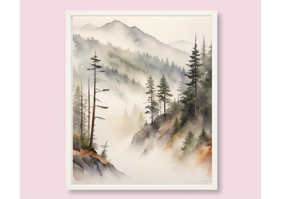 Appalachian Mountains Painting Smoky Mountains Landscape Watercolor Art Print Foggy Pine Forest Wall Art Earthly Tones Misty Nature Art - Image 6