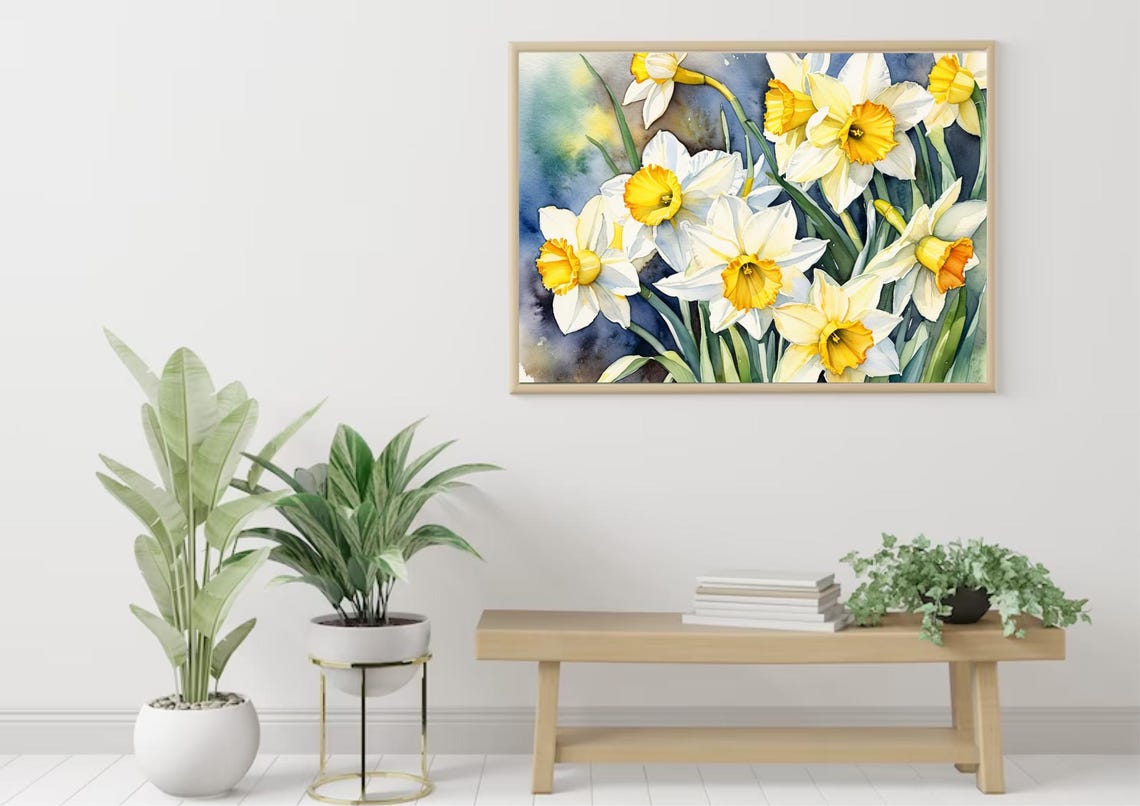 Joyful Yellow White Daffodils Watercolor Spring Floral Poster - Image 3