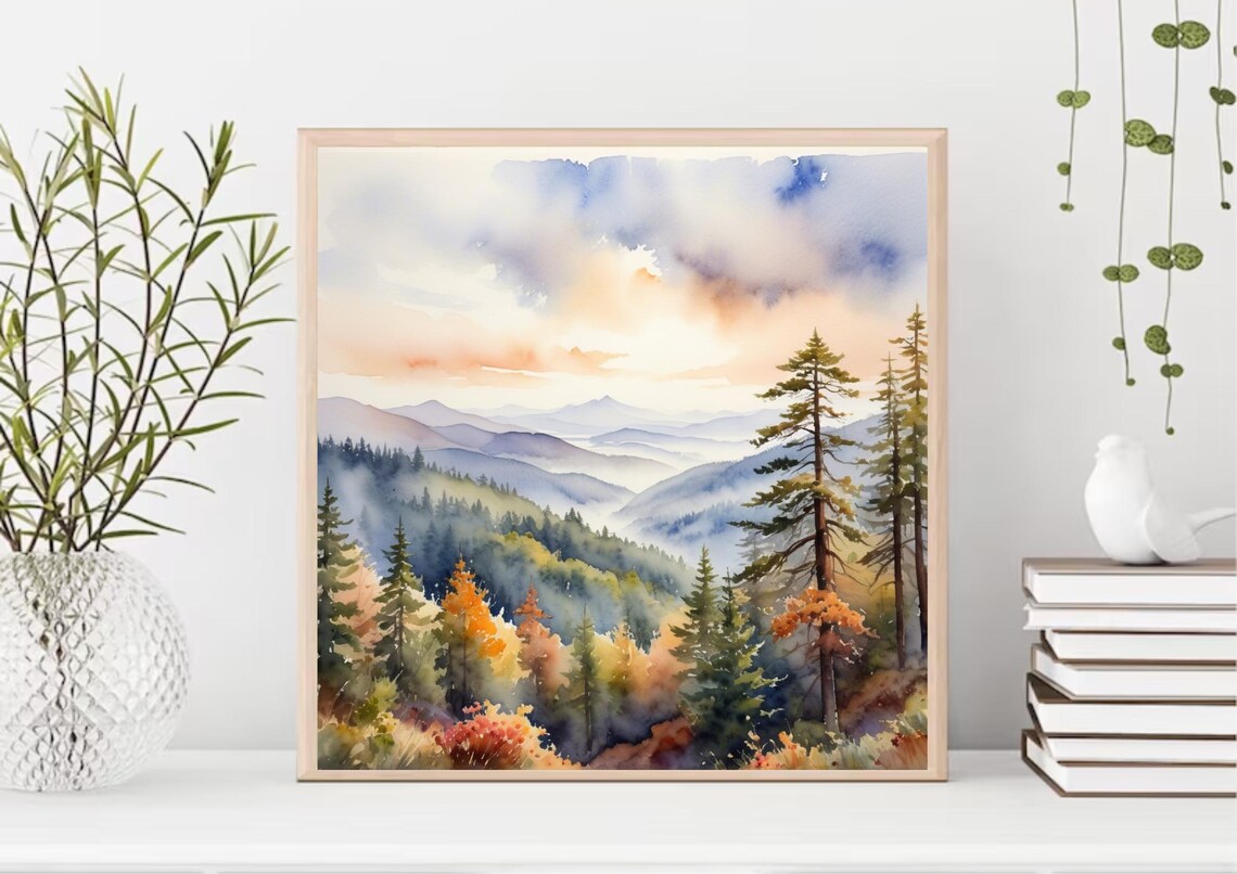 Smoky Mountains Autumn Ridgelines In Morning Fog Watercolor Poster - Image 3
