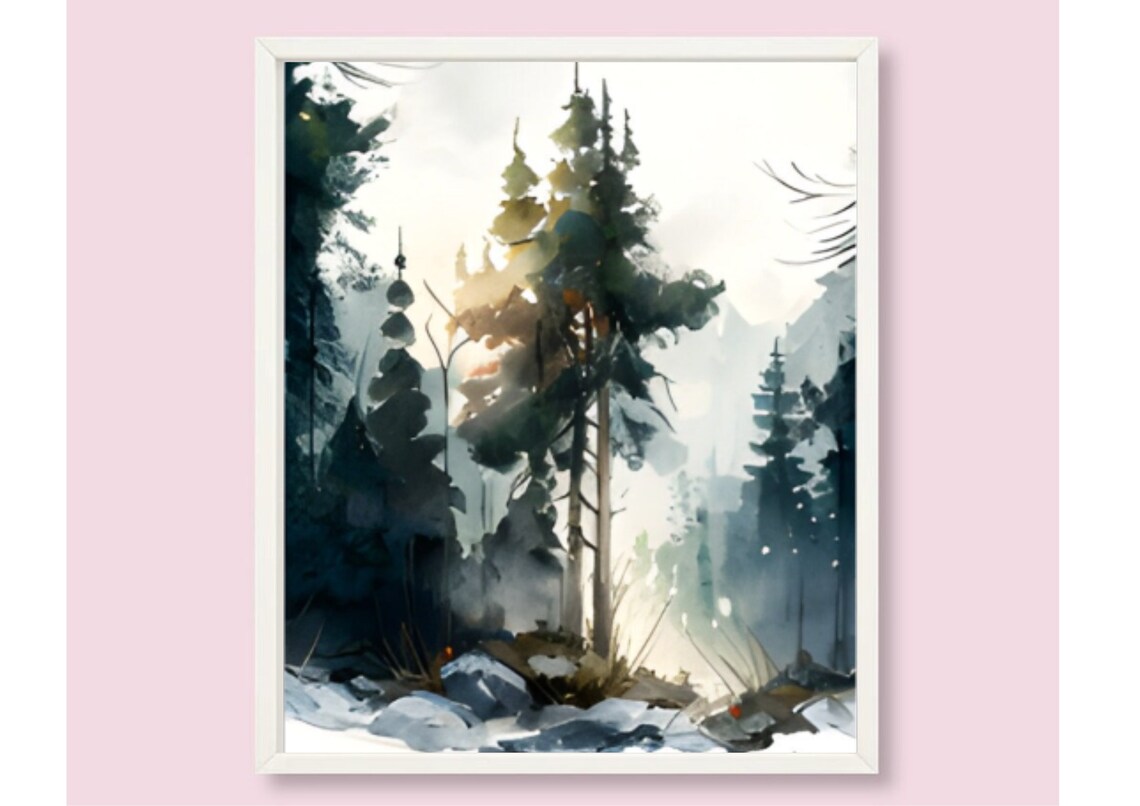 Tall Pines in Fog Sunlight Breaking Through Forest Watercolor Poster - Image 6