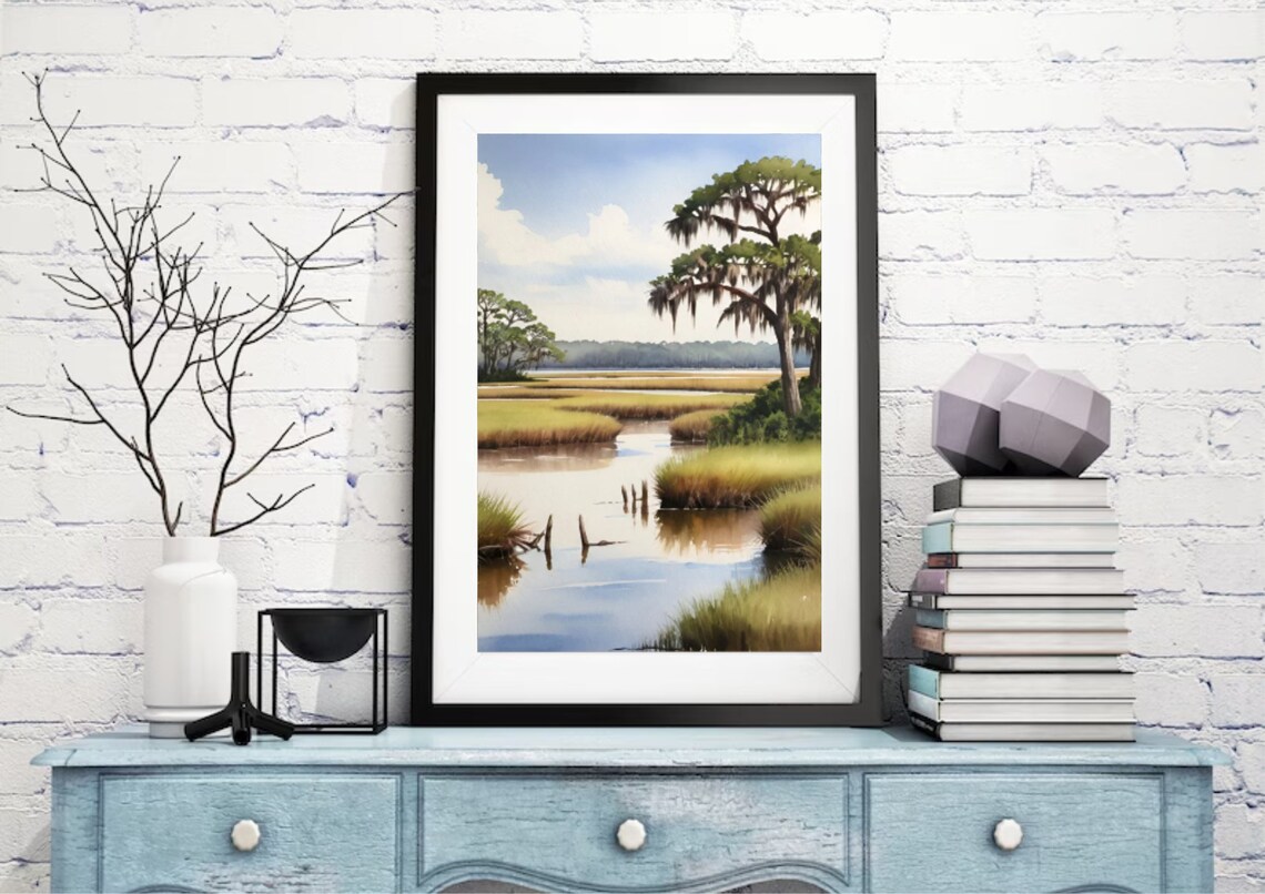 Marsh Painting Charleston Lowcountry Watercolor Art Print Neutral Landscape Wall Art Beige Gree Art Salt Marsh Watercolor Painting Print - Image 2