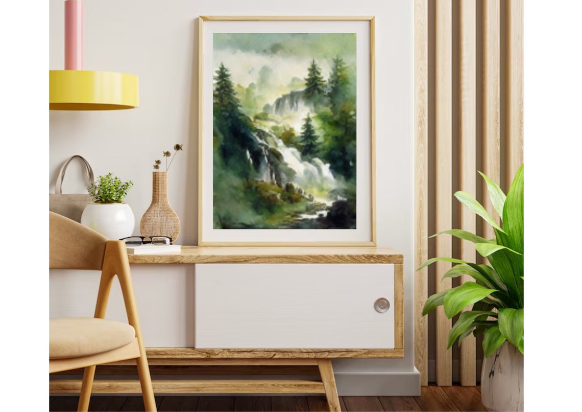 Misty Waterfall Cascading Through Foggy Green Forest Watercolor Print - Image 4