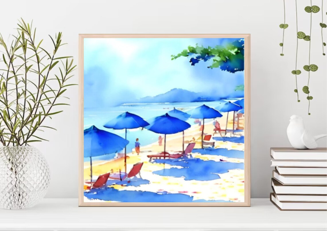 Florida Beach Blue Umbrellas Sunny Summer Coast Watercolor Poster - Image 4
