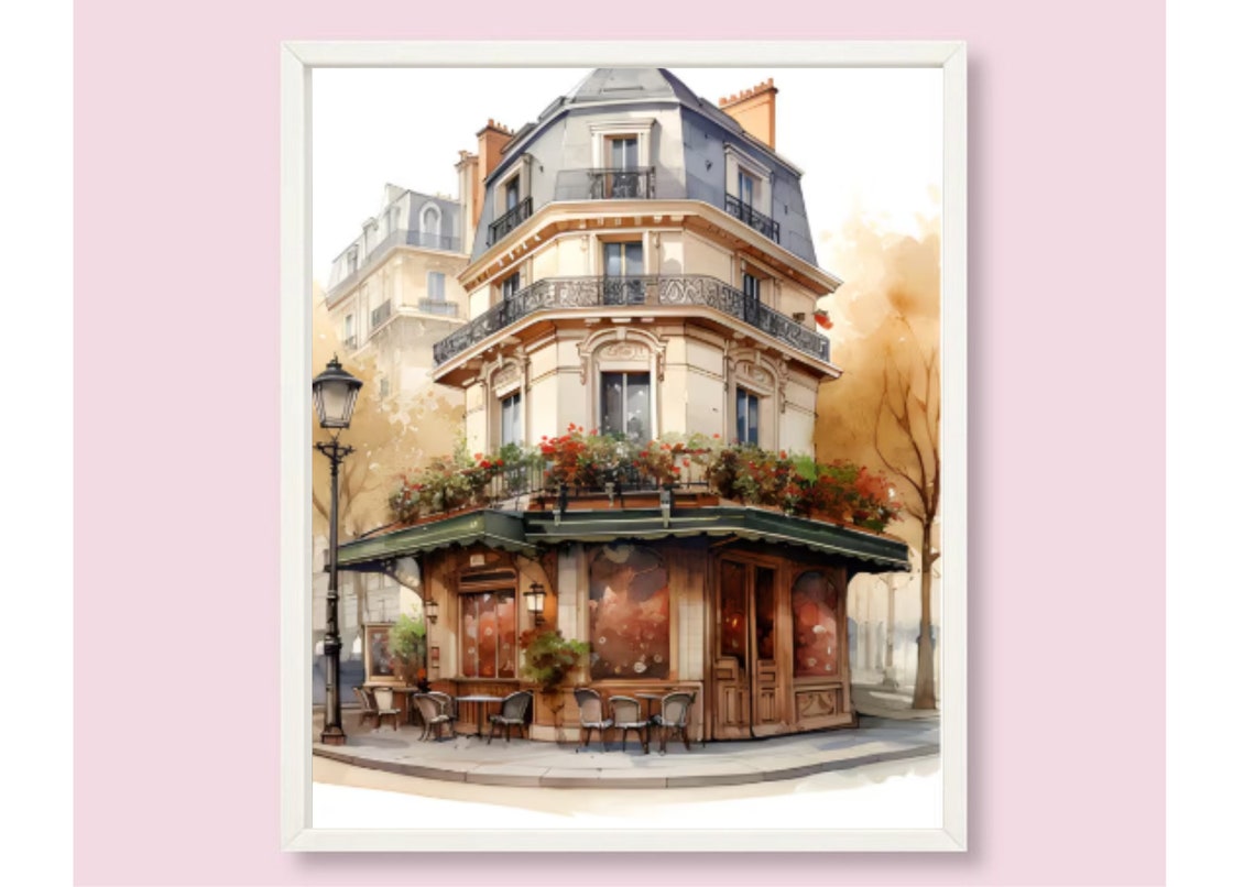 Paris Corner Cafe Watercolor With Flowers in Soft Tones Poster - Image 6