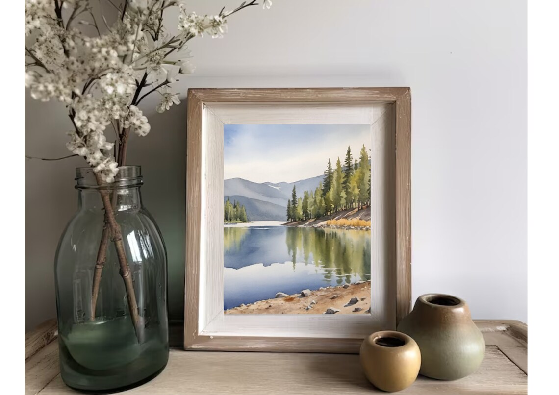 Mountain Lake Pine Forest Reflection Watercolor Idaho Landscape Poster - Image 5