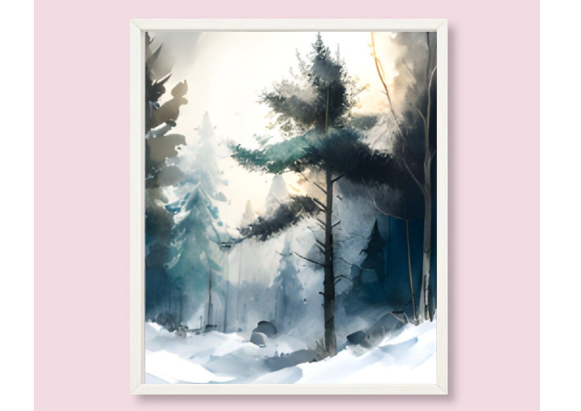 Snowy Winter Pine Forest Watercolor With Soft Breaking Sunlight Poster - Image 6