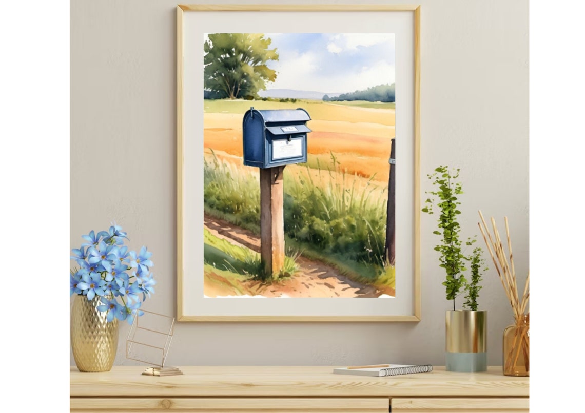 Blue Mailbox Country Road Wheat Field Rustic Watercolor Poster - Image 3