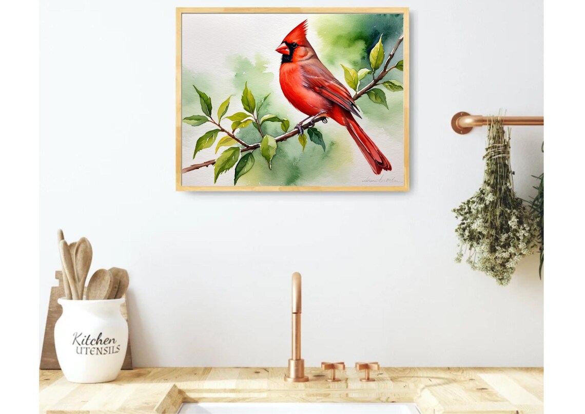Red Cardinal Watercolor Art Print, Bird on Branch - Image 4