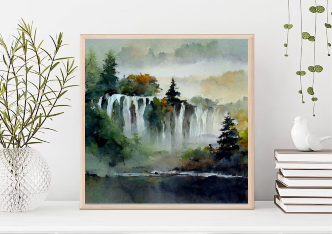 Misty Waterfall Cascades Forest Fog Dreamlike Watercolor Poster - Image 4