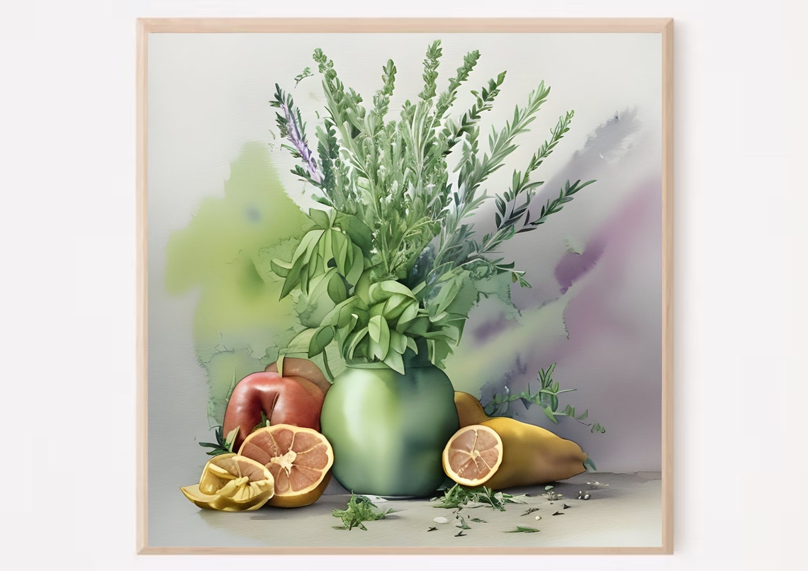 Herb Bouquet In Green Vase With Sliced Citrus Watercolor Kitchen Print - Image 6
