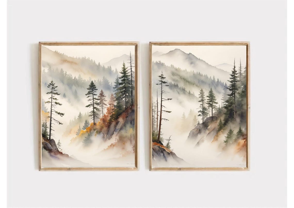 Appalachian Mountains Painting Smoky Mountains Landscape Watercolor Art Print Foggy Pine Forest Wall Art Earthly Tones Misty Nature Art - Image 4