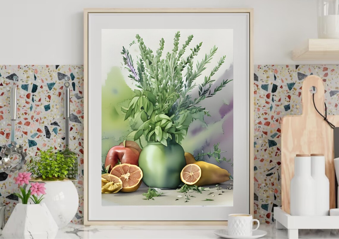 Herb Bouquet In Green Vase With Sliced Citrus Watercolor Kitchen Print - Image 5