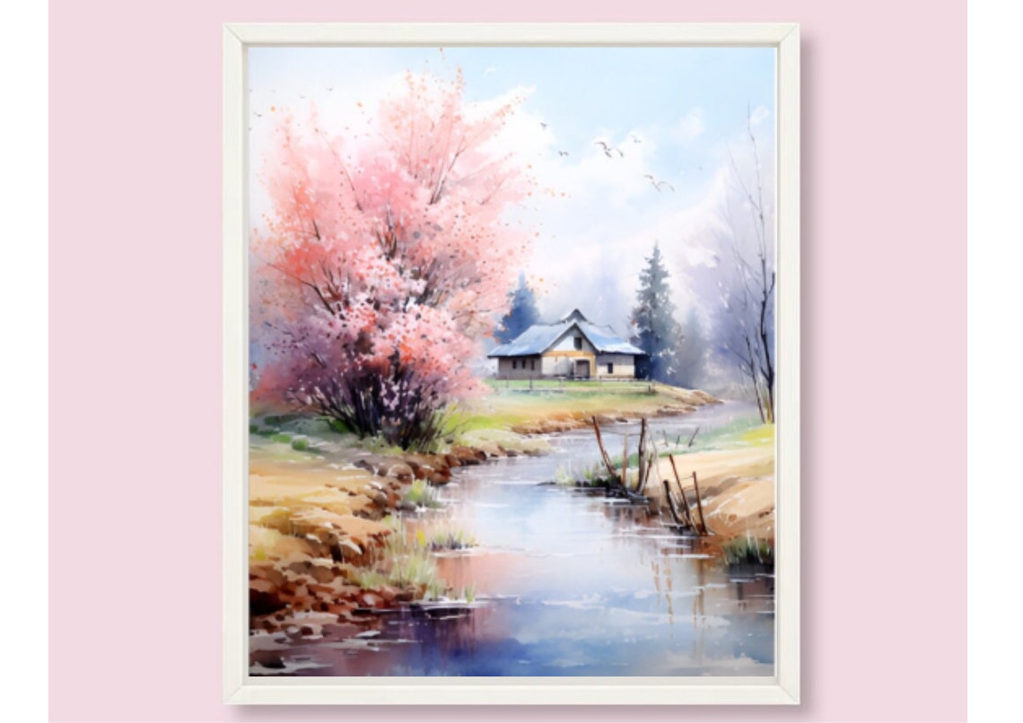 Spring Country Landscape Painting Vermont Watercolor Art Print Cherry Blossom Tree Art Watercolor Farmhouse Poster Country River Wall Art - Image 6