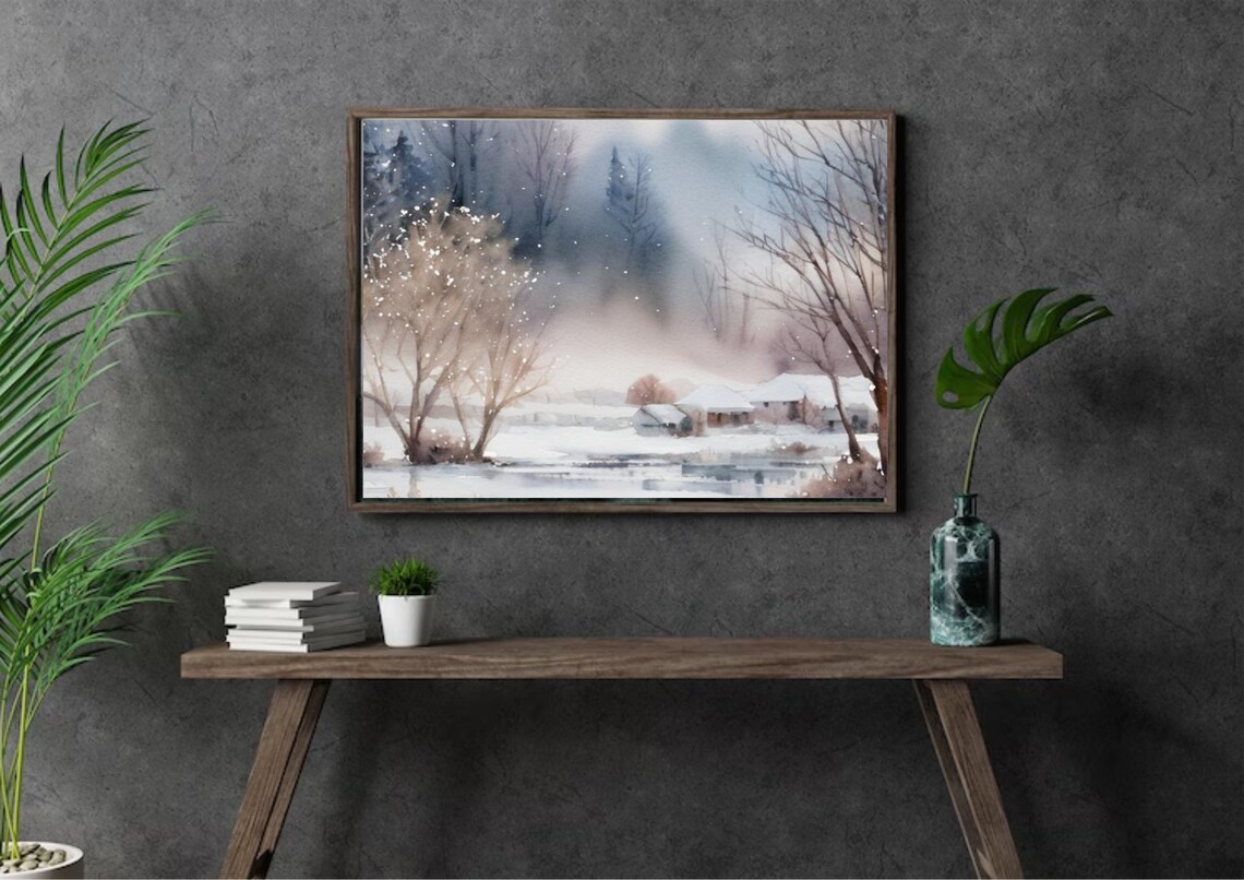 Foggy Winter Village By Frozen River Watercolor Landscape Wall Art - Image 3