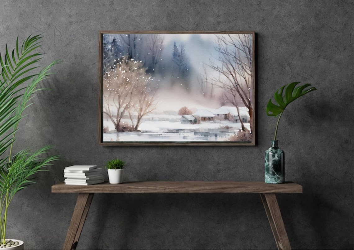Winter Foggy Country Landscape Watercolor Painting Rural Houses And A Small River Art Print Panoramic Winter Landscape Of A Village Print - Image 3