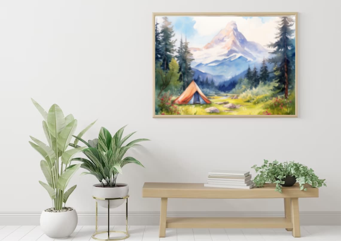 Orange Tent Camping Watercolor Beneath a Snowy Mountain Peak Poster - Image 3